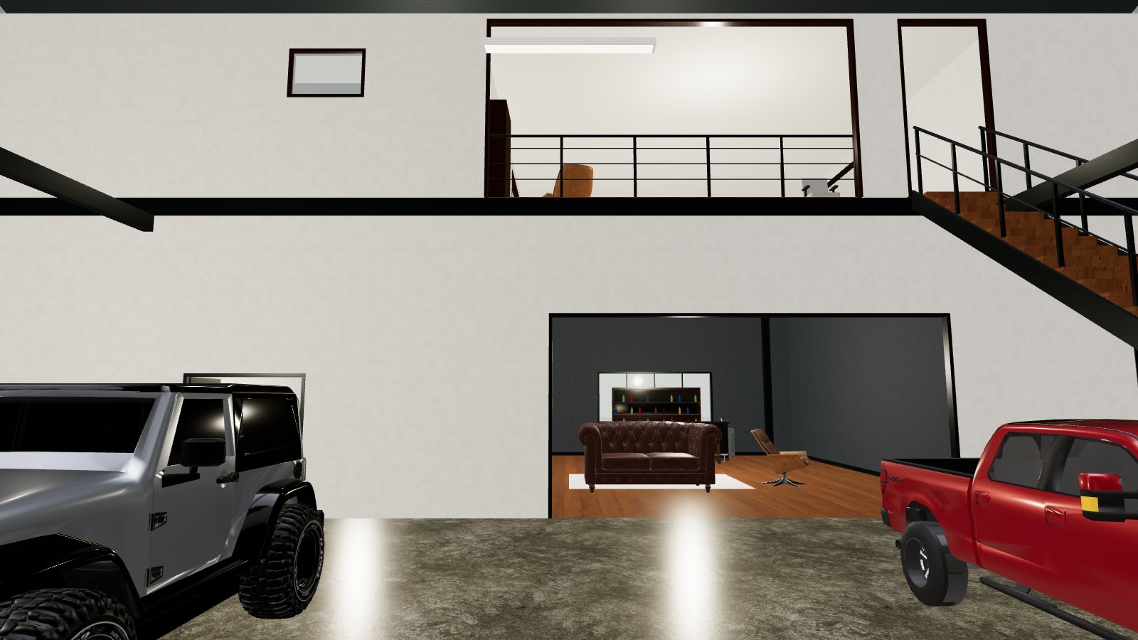 A walkthrough of a two-story barndominium: garage with a car lift, bar and lounge, loft above.